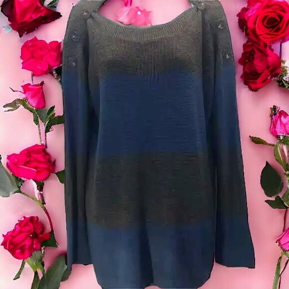 Vince Camuto Women’s Small Sweater Gray Blue Striped Thermal Button Shoulder - Picture 1 of 12